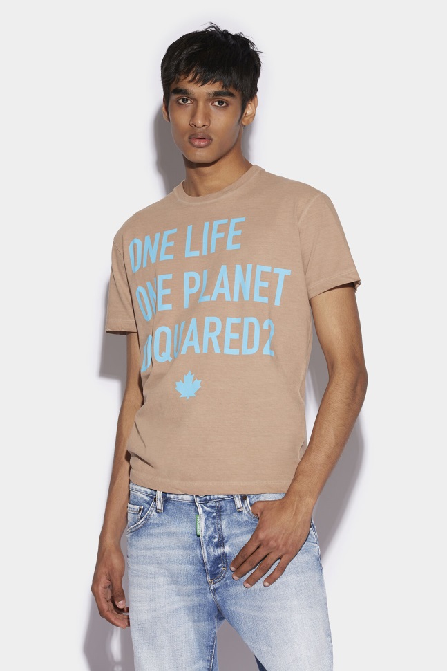 Dsquared2 Iconic BEIGE/YELLOW One Life Partially Recycled Cotton T-Shirt D2 - Image 1