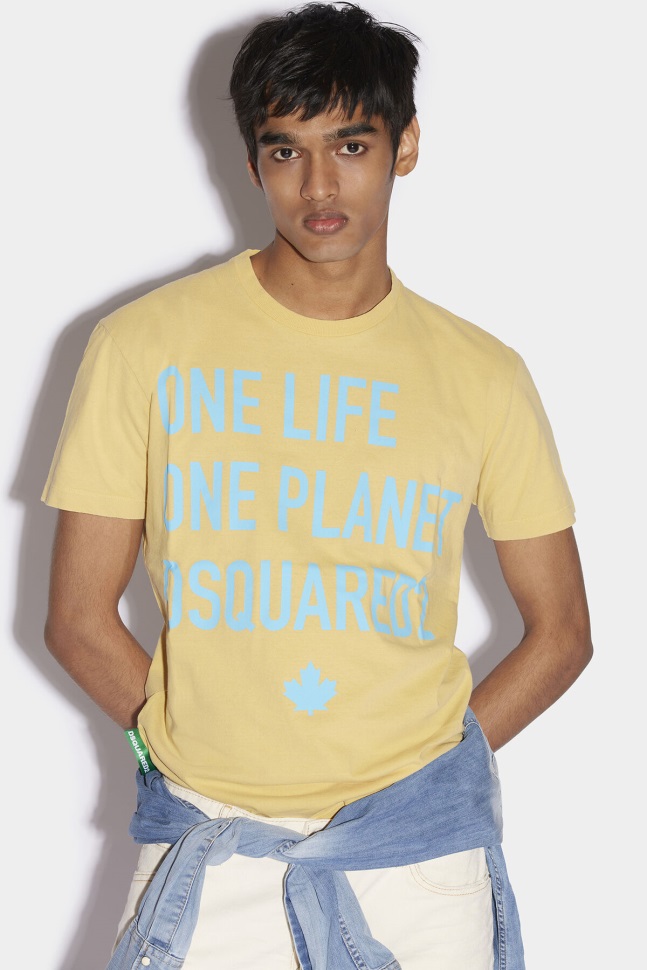 Dsquared2 Iconic BEIGE/YELLOW One Life Partially Recycled Cotton T-Shirt D2 BEIGE - Image 1