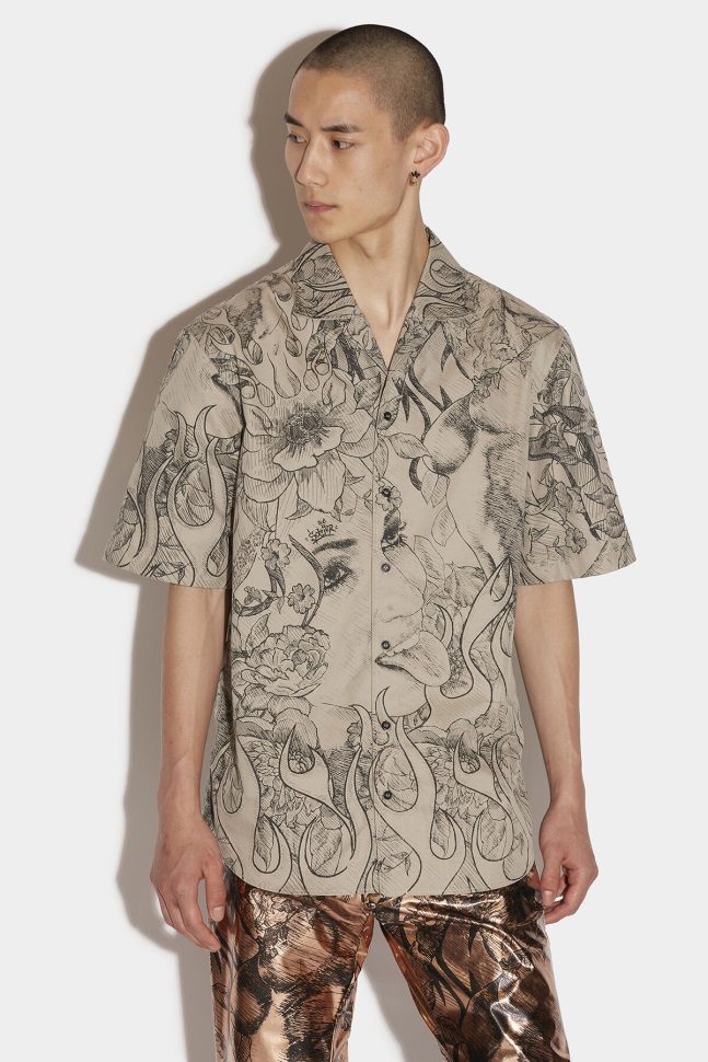 dsquared2_iconic_bowling_shirt_olive_green_sand.jpg Dsquared2 Iconic Bowling Shirt OLIVE GREEN/SAND - Image 1