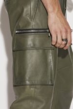 Dsquared2 Iconic Scruffed Leather Combat Trousers BEIGE/MILITARY GREEN - Image 4