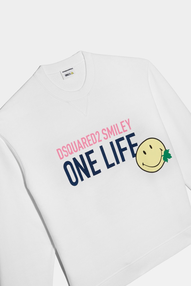 Dsquared2 Iconic WHITE/PINK Smiley Organic Cotton Cool Fit Sweatshirt D2 WHITE - Image 3